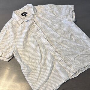 Banana Republic White and Blue Striped Casual Linen Shirt